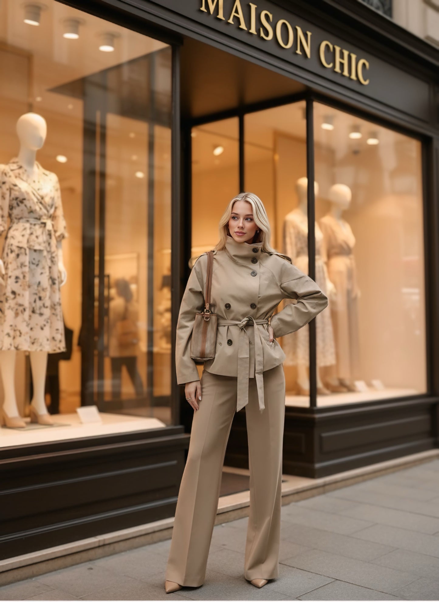 Gabardina Corta Beige Cinturón - Doble Botonadura