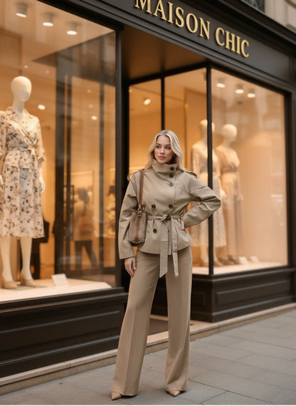 Gabardina Corta Beige Cinturón - Doble Botonadura