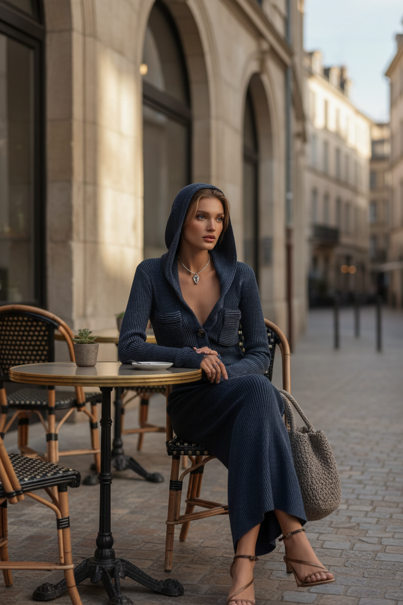 Vestido de punto azul marino en café europeo, estilo lifestyle