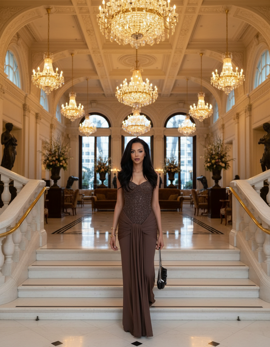 Vestido marrón - Lifestyle escalera