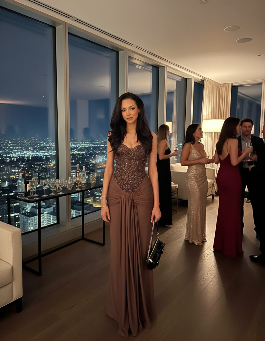Vestido marrón - Lifestyle penthouse party