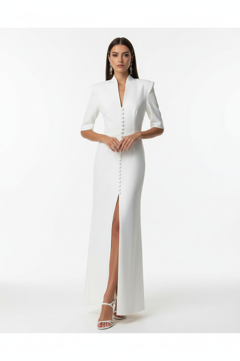 Vista frontal vestido blanco formal